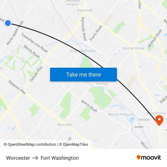 Worcester to Fort Washington map