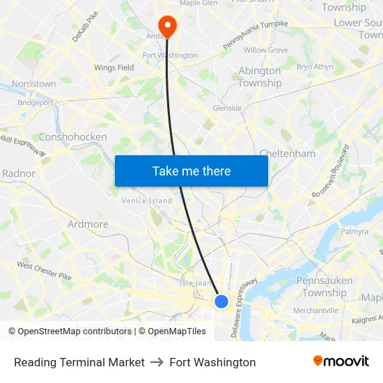 Reading Terminal Market to Fort Washington map
