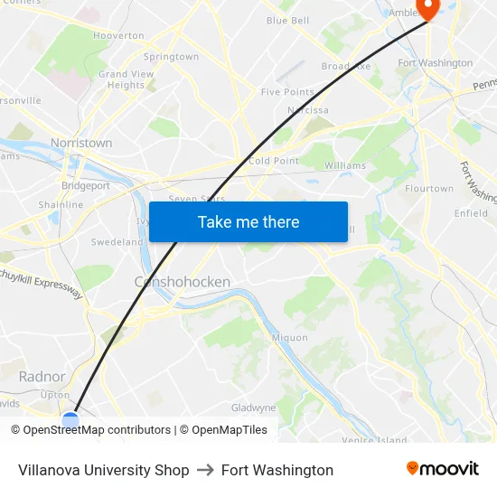 Villanova University Shop to Fort Washington map