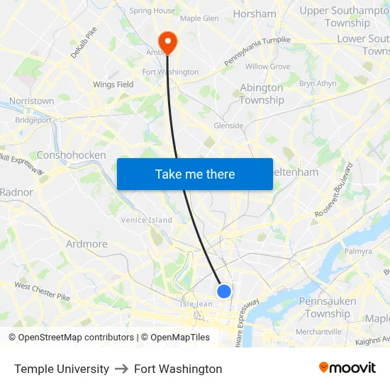 Temple University to Fort Washington map
