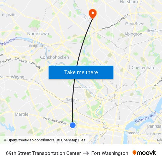 69th Street Transportation Center to Fort Washington map