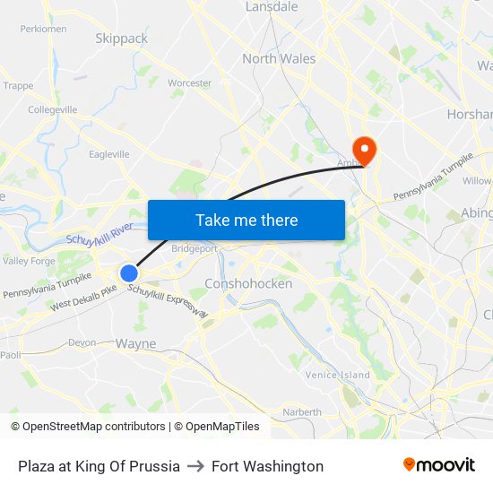 Plaza at King Of Prussia to Fort Washington map