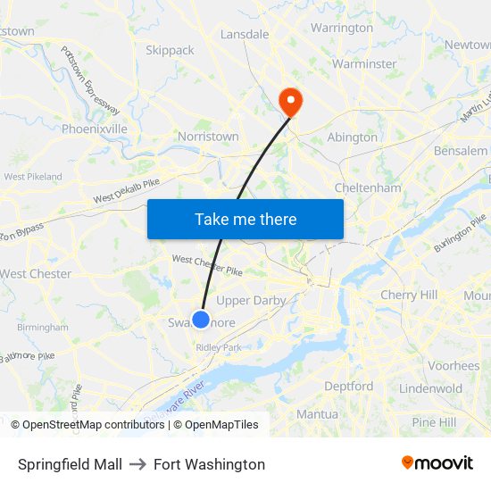 Springfield Mall to Fort Washington map