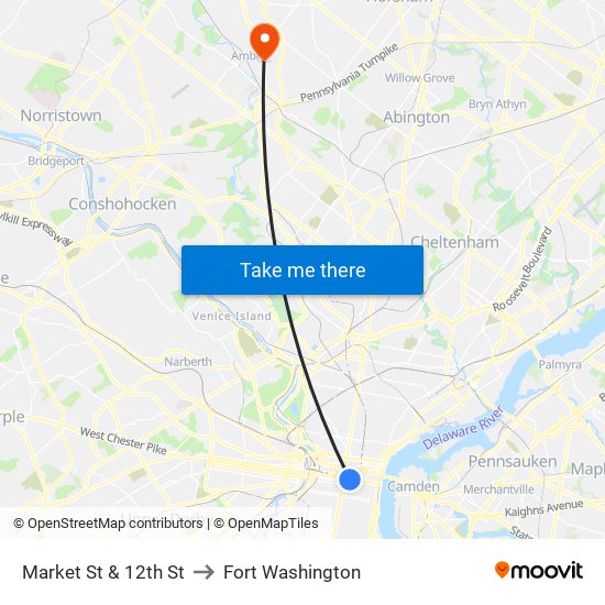 Market St & 12th St to Fort Washington map