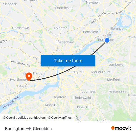 Burlington to Glenolden map