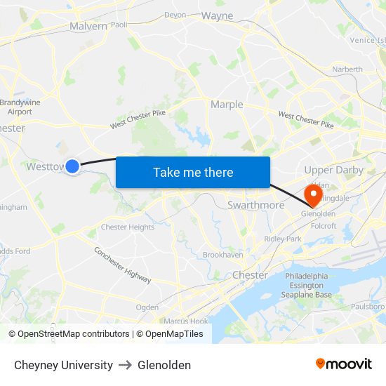 Cheyney University to Glenolden map