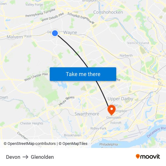 Devon to Glenolden map