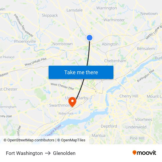 Fort Washington to Glenolden map