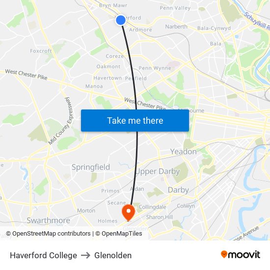 Haverford College to Glenolden map