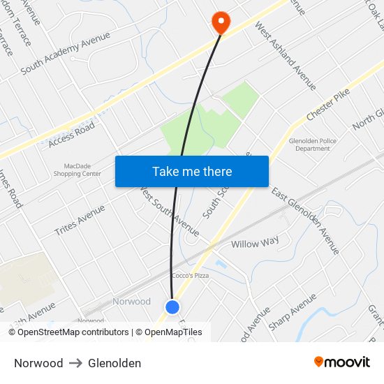 Norwood to Glenolden map