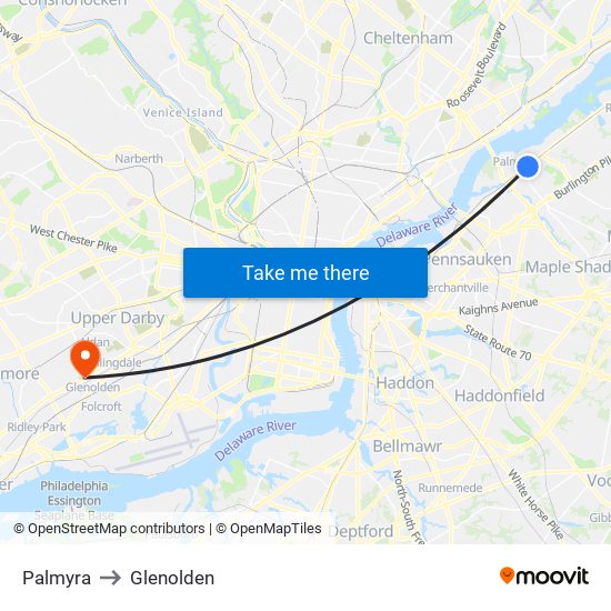 Palmyra to Glenolden map