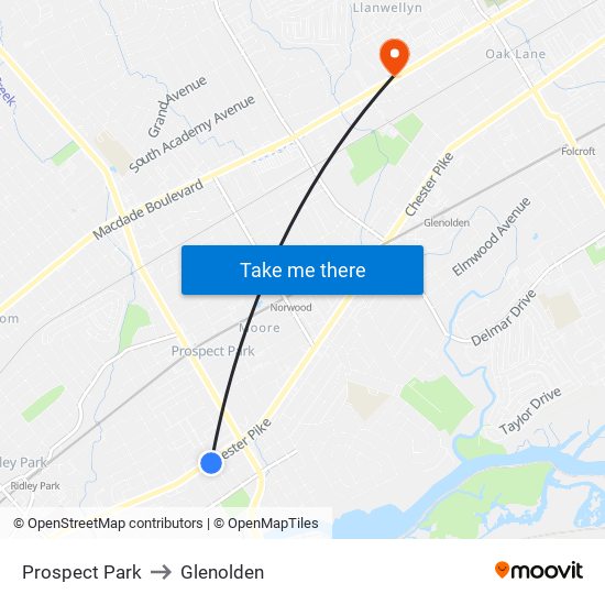 Prospect Park to Glenolden map