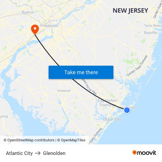 Atlantic City to Glenolden map
