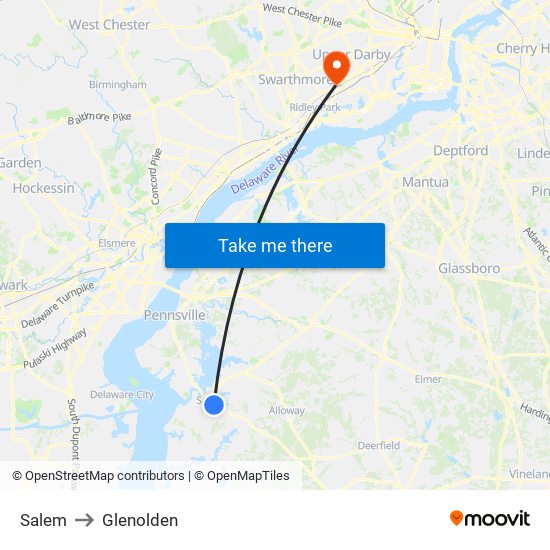 Salem to Glenolden map