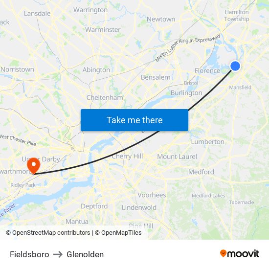 Fieldsboro to Glenolden map