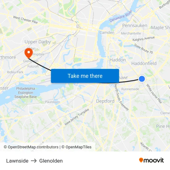 Lawnside to Glenolden map