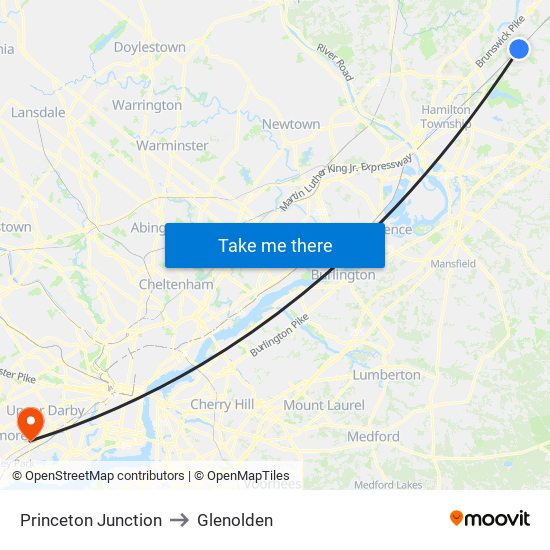 Princeton Junction to Glenolden map