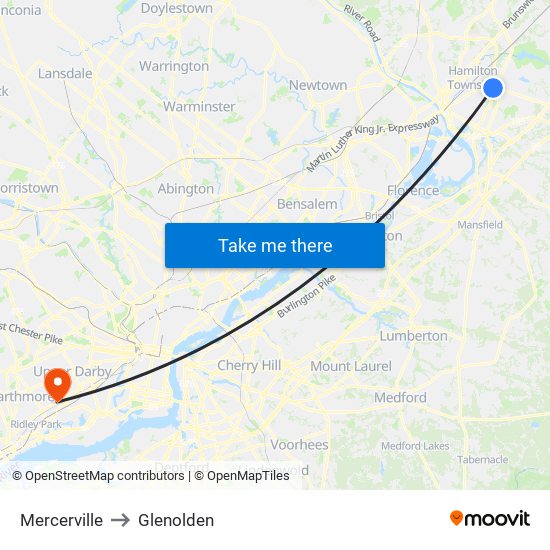 Mercerville to Glenolden map