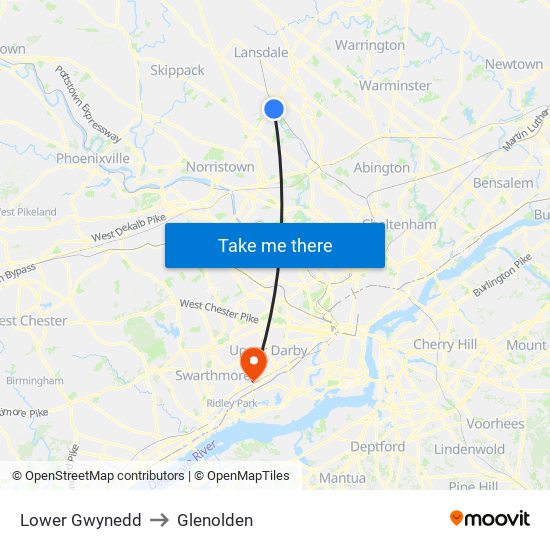 Lower Gwynedd to Glenolden map