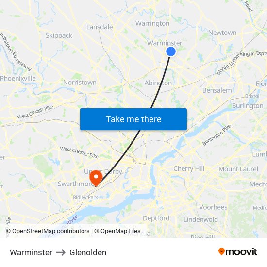 Warminster to Glenolden map