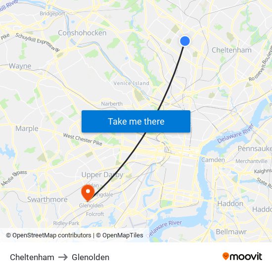 Cheltenham to Glenolden map