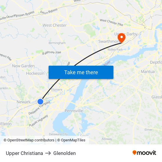 Upper Christiana to Glenolden map