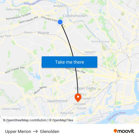 Upper Merion to Glenolden map
