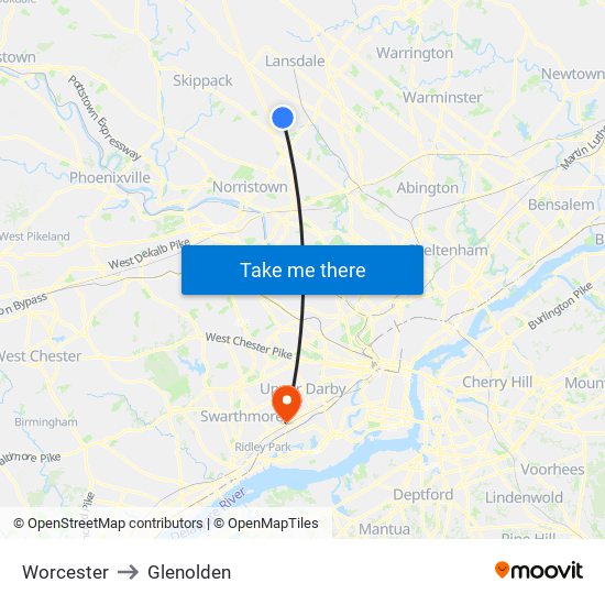 Worcester to Glenolden map