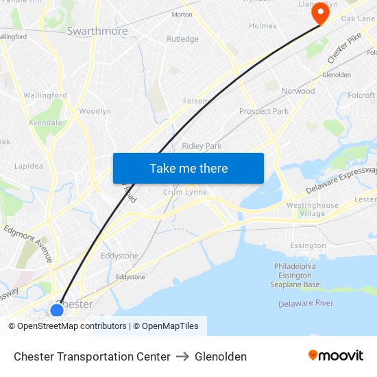 Chester Transportation Center to Glenolden map
