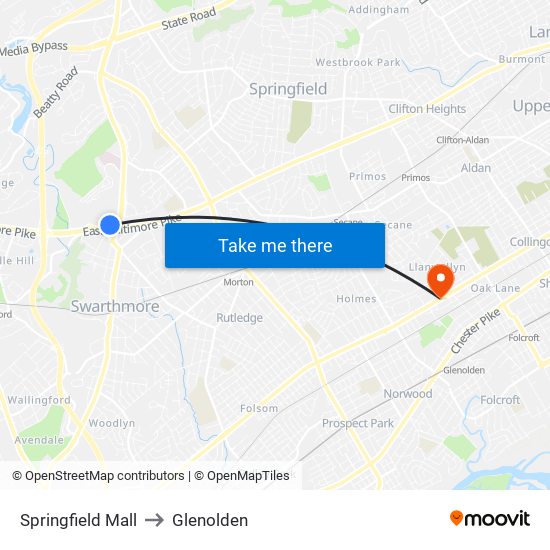 Springfield Mall to Glenolden map