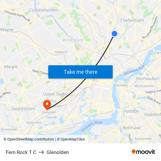 Fern Rock T C to Glenolden map