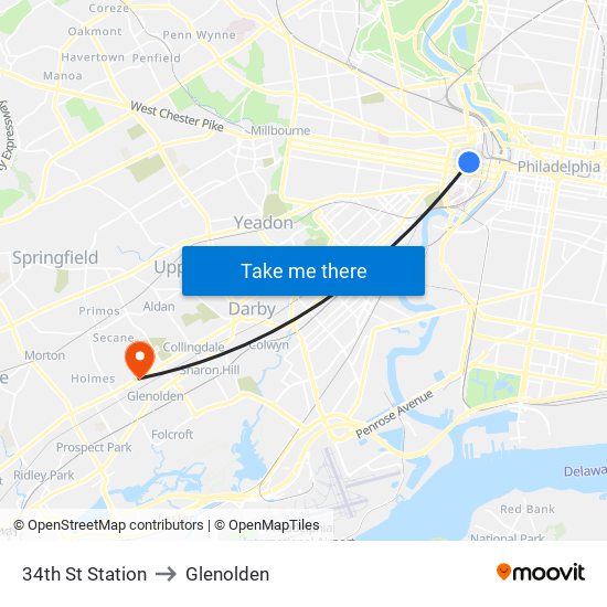 34th St Station to Glenolden map
