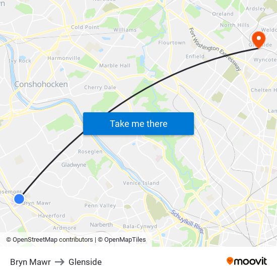 Bryn Mawr to Glenside map