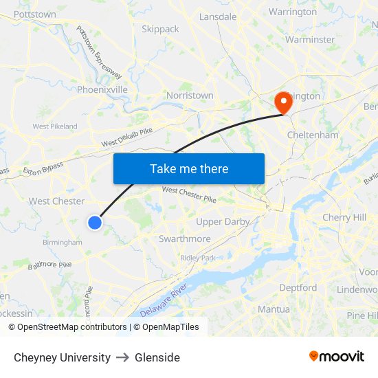 Cheyney University to Glenside map