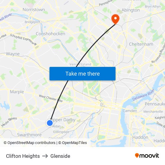Clifton Heights to Glenside map