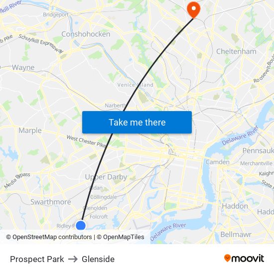 Prospect Park to Glenside map