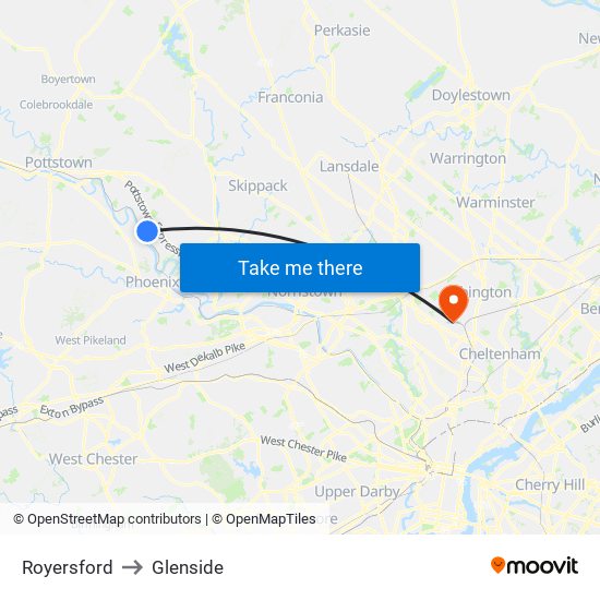 Royersford to Glenside map