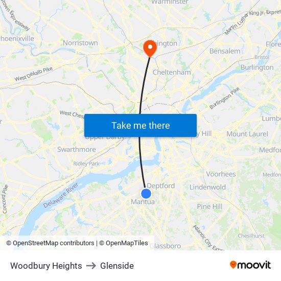 Woodbury Heights to Glenside map