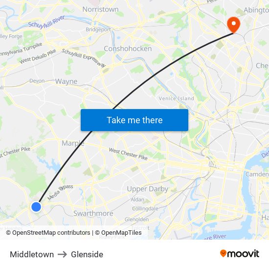 Middletown to Glenside map