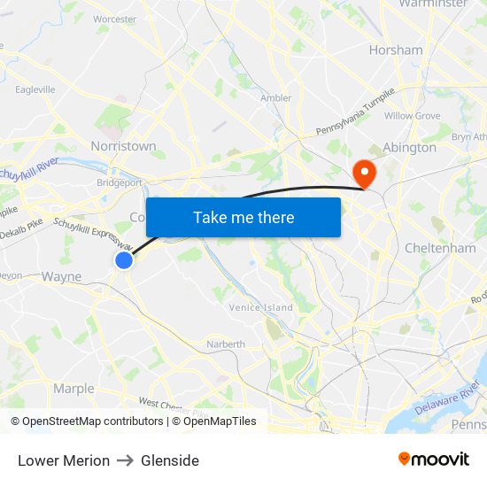 Lower Merion to Glenside map