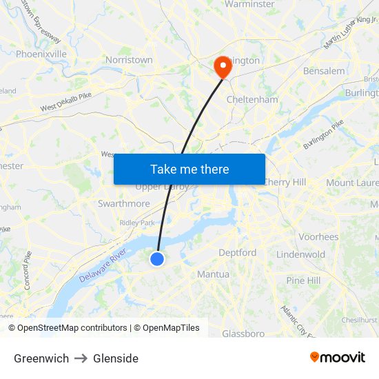 Greenwich to Glenside map