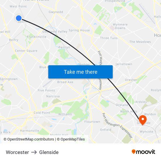 Worcester to Glenside map