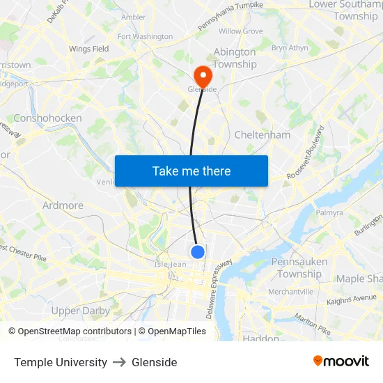Temple University to Glenside map