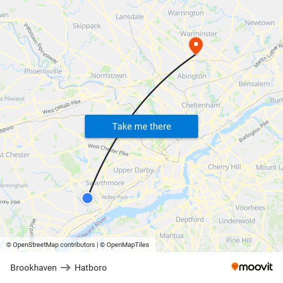 Brookhaven to Hatboro map