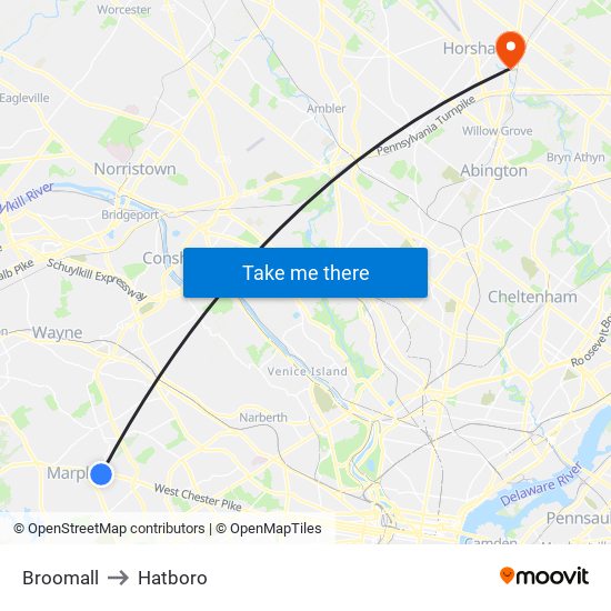 Broomall to Hatboro map