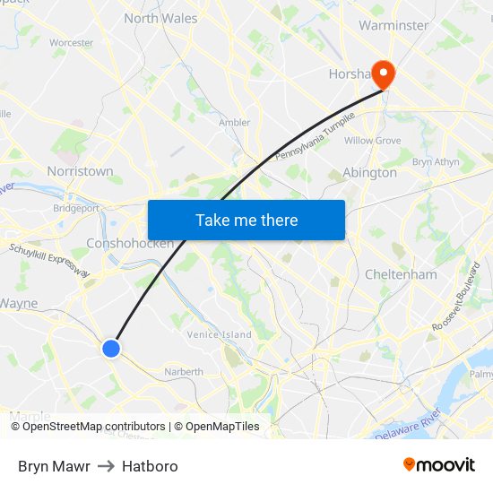 Bryn Mawr to Hatboro map