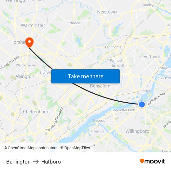 Burlington to Hatboro map