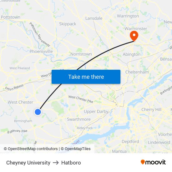Cheyney University to Hatboro map