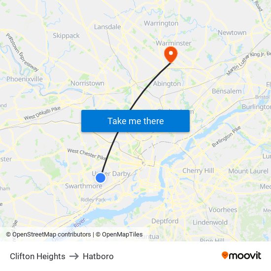 Clifton Heights to Hatboro map