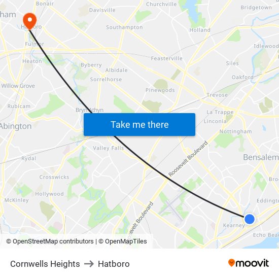 Cornwells Heights to Hatboro map